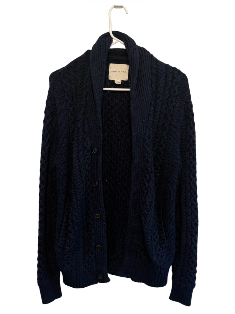 American Eagle Outfitters Navy Cable Knit Shawl Collar Cardigan